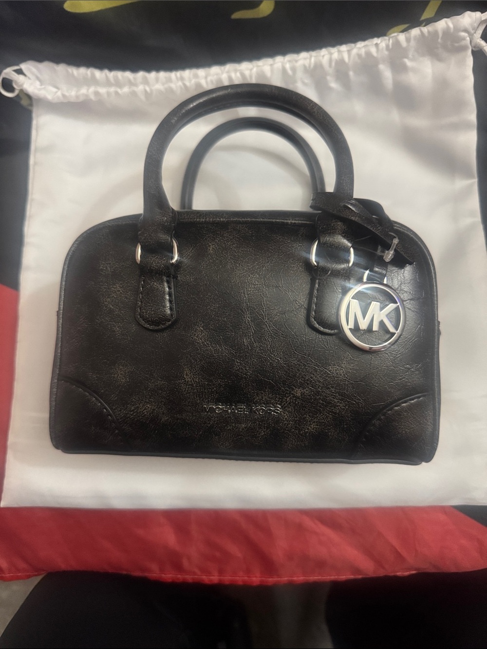 Michael Kors Black Leather Satchel with MK Charm
